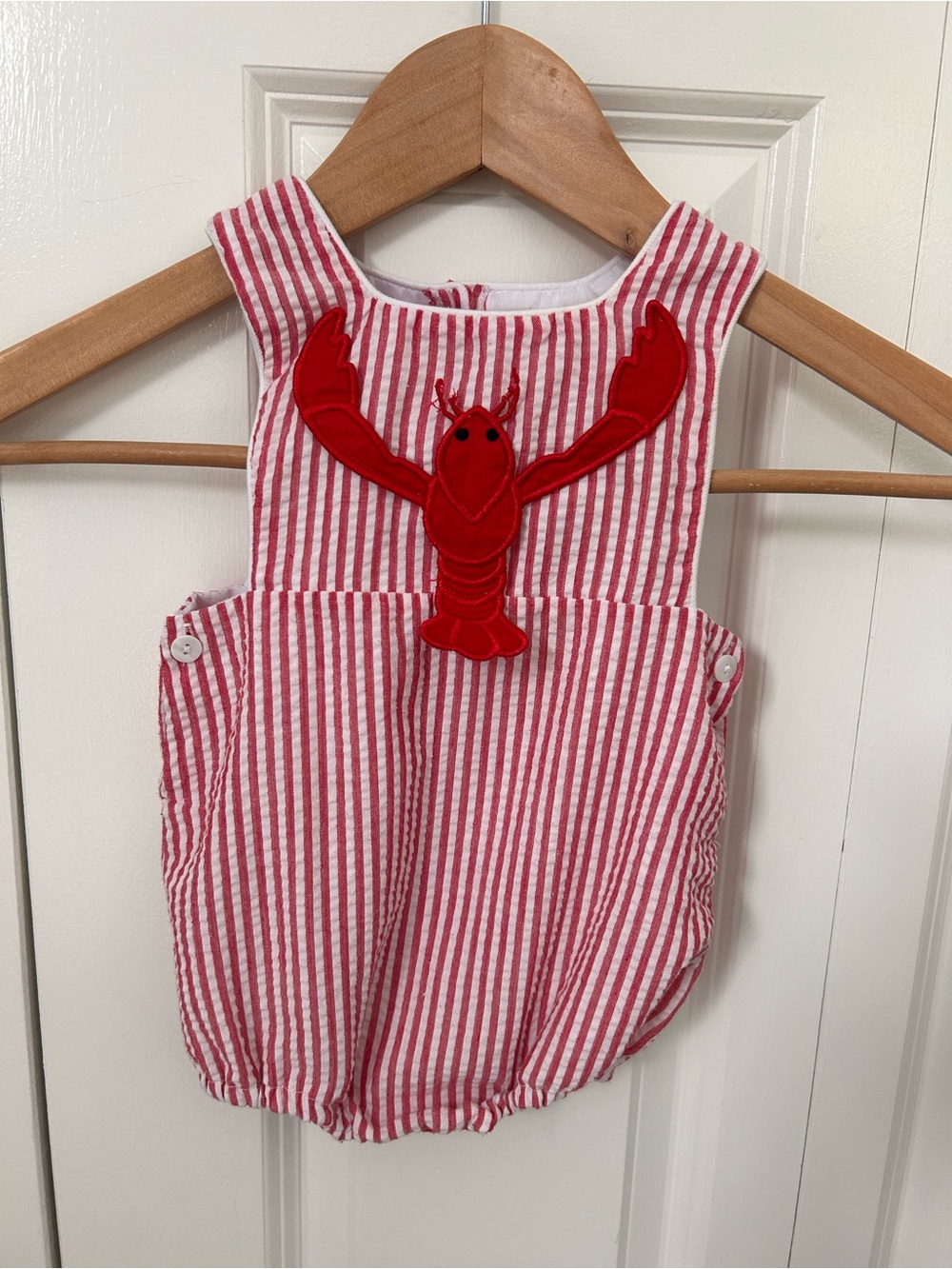 Smockingbird 6 months red white seersucker lobster embroidered applique bubble